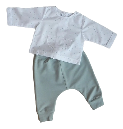 SET ROPA BEBÉ BLUSA, PANTALÓN Y CHALECO GRIS/AZUL