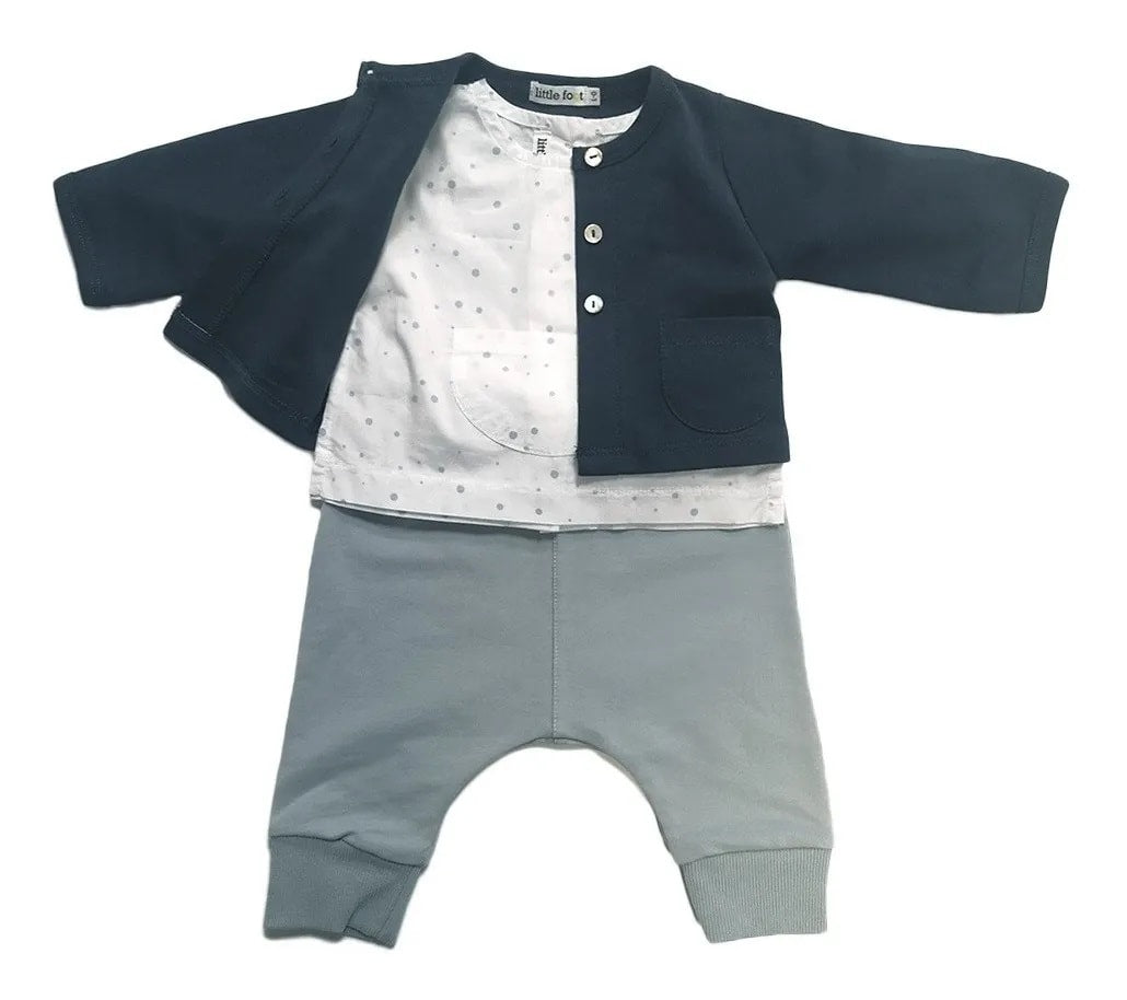 SET ROPA BEBÉ BLUSA, PANTALÓN Y CHALECO GRIS/AZUL